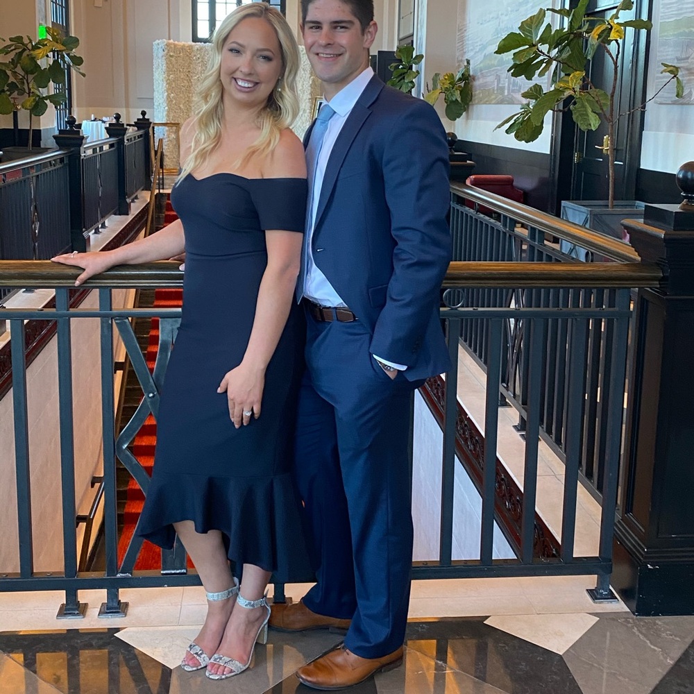 How much I care midnight blue off the shoulder midi dress